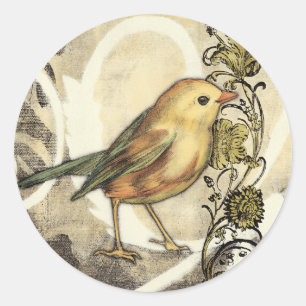 Gult och Grönt Bird on Vintage Background Runt Klistermärke