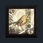 Gult och Grönt Bird on Vintage Background Smyckeskrin<br><div class="desc">Den här blandningen av målning och skissering visar en närbild av en gult- och grönt-fågel på en enkel svart och beige bakgrund. Det vita linjerna i bakgrunden lägger till en vintage. Den här bilden skulle passa perfekt på alla anpassaden av Zazzle-produkten.</div>