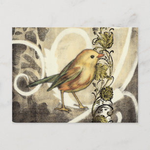 Gult och Grönt Bird on Vintage Background Vykort