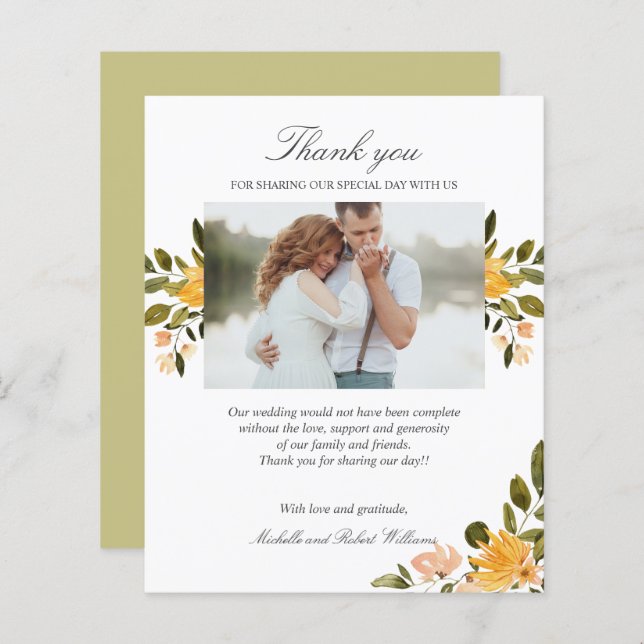Gult och grönt blommigt Bröllop Photo TACK (Fram/baksida)