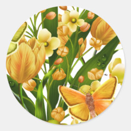 Gult- och Grönt Blommigt-märkning med Butterfly Runt Klistermärke