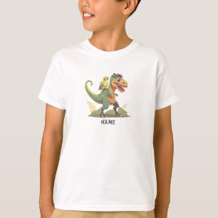 Gult och Grönt Budgie Riding Dinosaur T Shirt