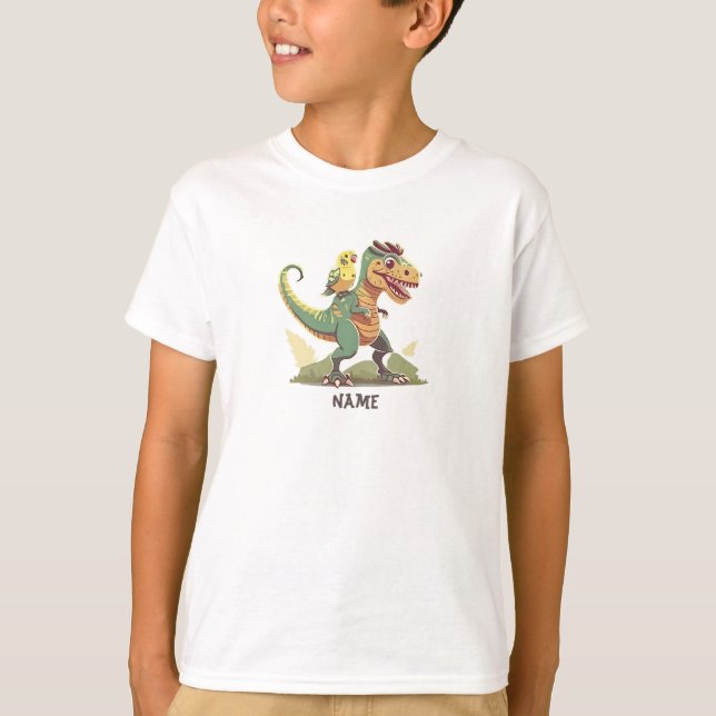 Gult och Grönt Budgie Riding Dinosaur T Shirt (Framsida)