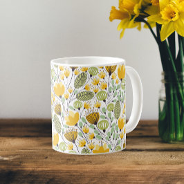 Gult och Grönt Dekorativ Blommigt Design Mönster Kaffemugg