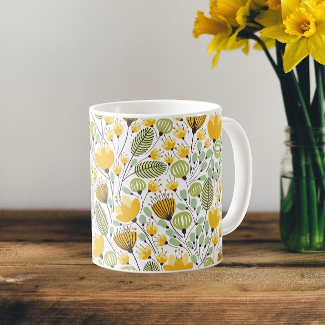Gult och Grönt Dekorativ Blommigt Design Mönster Kaffemugg (Skapare uppladdad)