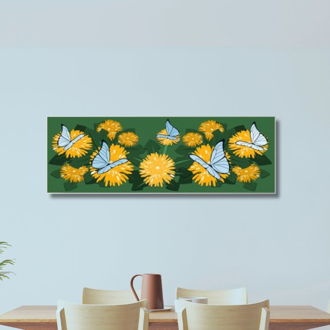 Gult och Grönt för Dandelion Bed & Butterflies Poster (Dandelion & Butterflies, Yellow & Green Art)