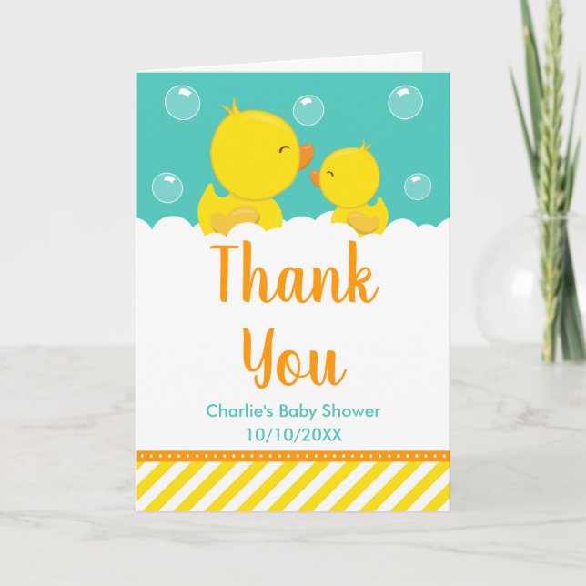Gult och Grönt för Rubber Ducky Baby Shower Tack Kort (Framsida)