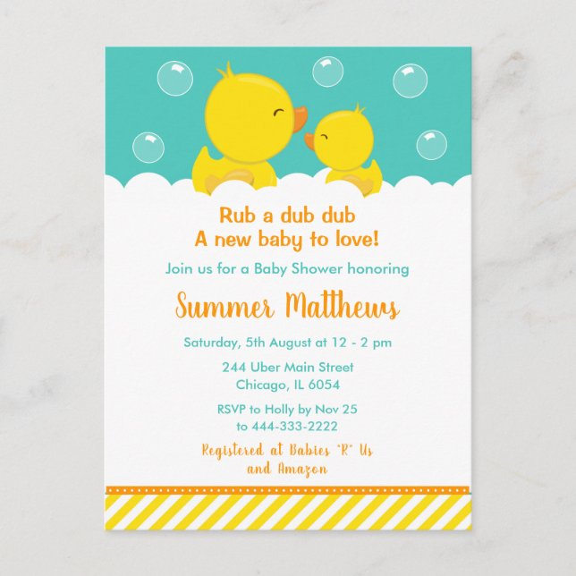 Gult och Grönt för Rubber Ducky Baby Shower Vykort (Framsida)