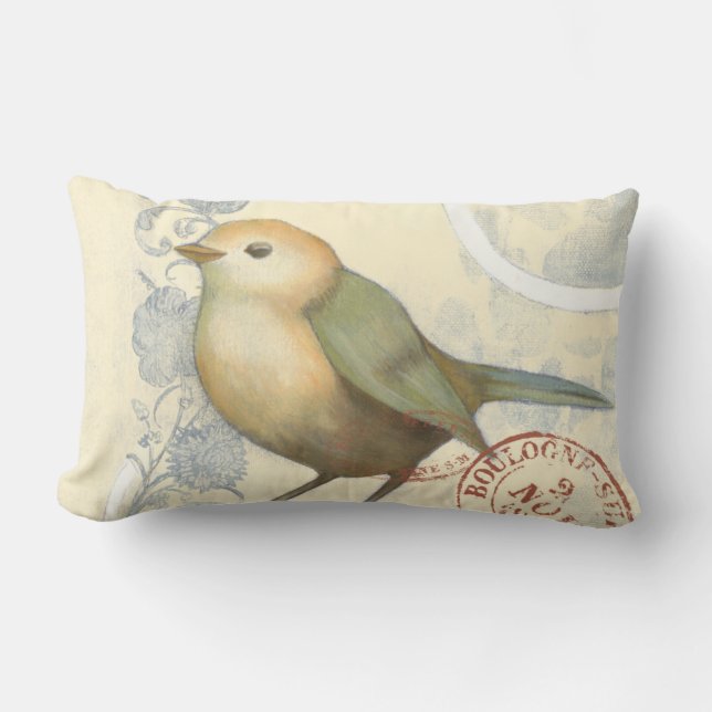 Gult och Grönt Sparrow på Vintagens bakgrund Lumbarkudde (Framsida)