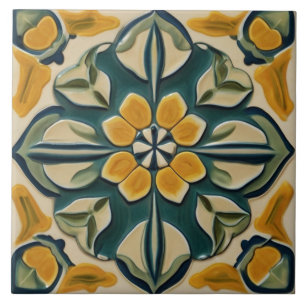 Gult och Grönt Symmetrisk Abstrakt i Medelhavsområ Kakelplatta