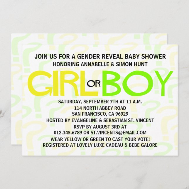 Gult och Grönt Typografi Gender Visa Party Inbjudningar (Fram/baksida)