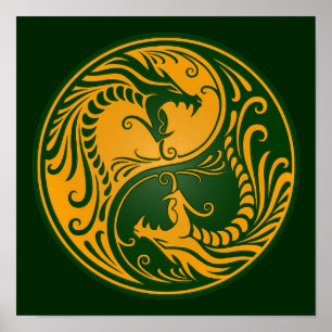 Gult och Grönt Yin Yang Dragons Poster