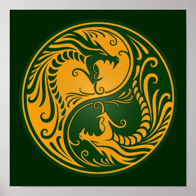 Gult och Grönt Yin Yang Dragons Poster (Framsidan)