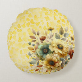 Gult och jordnära blommor vattenfärg rund kudde