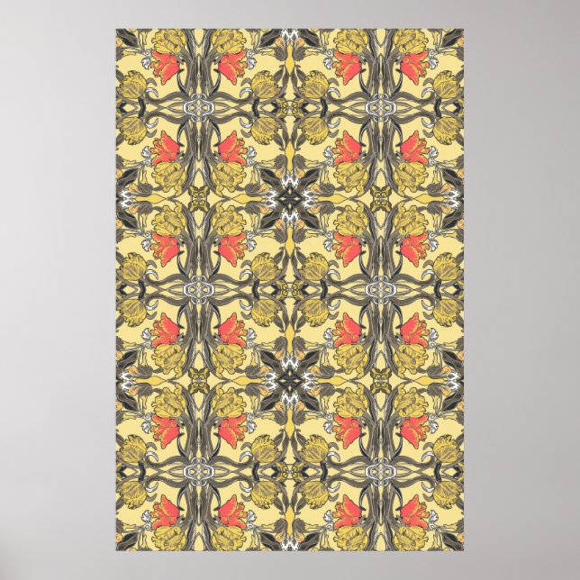 Gult och koralltulips Art nouveau Design Poster (Framsidan)