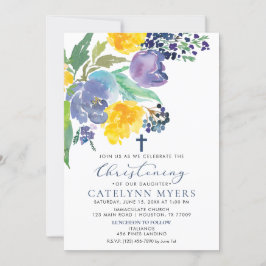 Gult och Lila Bright Blommigt Christening Inbjudningar