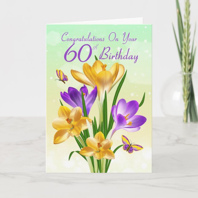 gult och Lila Crocus vid 60:e födelsedagen Kort (Framsida)