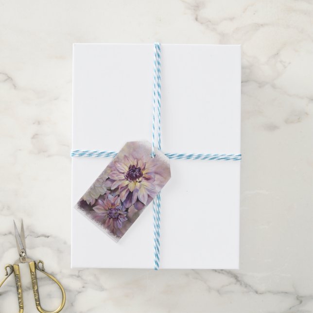 GULT OCH LILA DAHLIA GIFT-MÄRKRE PRESENTETIKETT (Med Snöre)