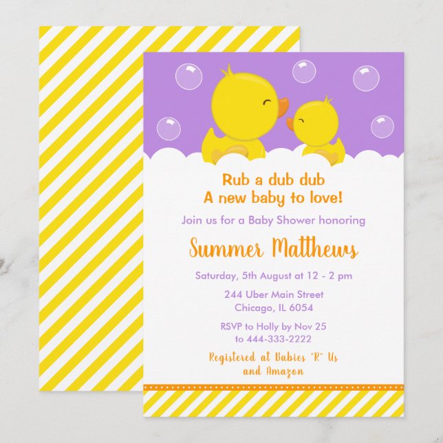 Gult och Lila för Rubber Ducky Baby Shower Inbjudningar (Fram/baksida)