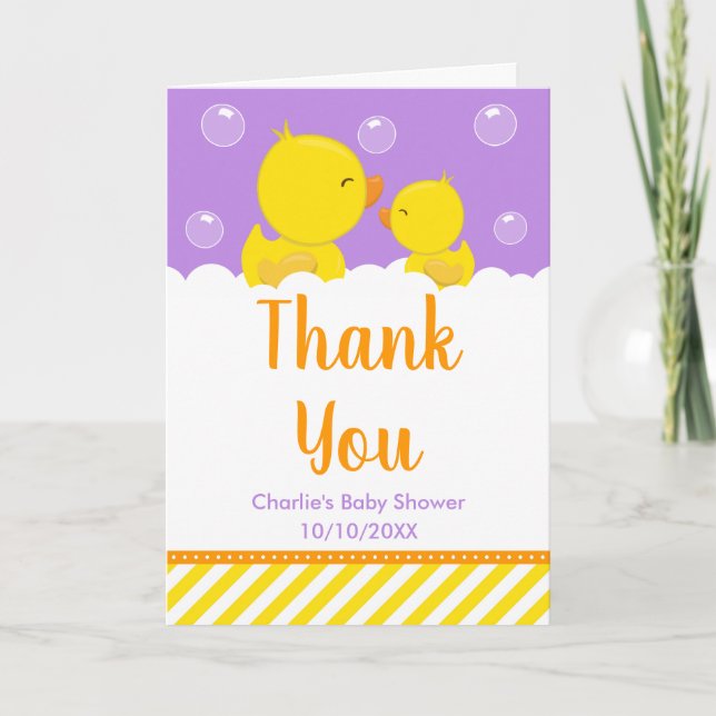 Gult och Lila för Rubber Ducky Baby Shower Tack Kort (Framsida)