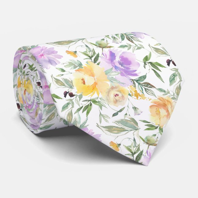 Gult och Lila Lavender Watercolor Ro Blommigt Slips (Rullad)