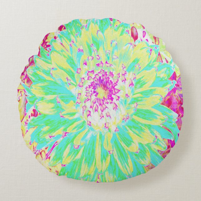 Gult och Magenta Dahlia Flower Rund Kudde (Framsidan)