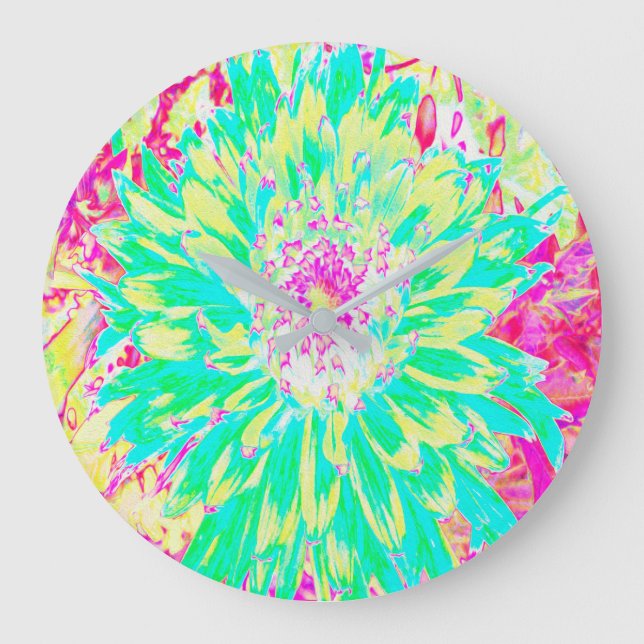 Gult och Magenta Dahlia Flower Stor Klocka (Framsida)