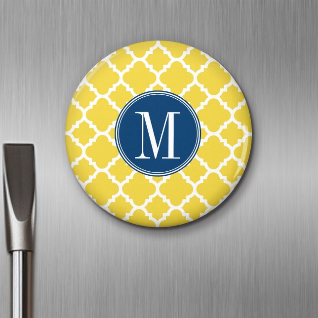 Gult och marin Quatrefoil Mönster Anpassningsbar M Magnet (Personalized Fridge Magnet - Add Custom Text)