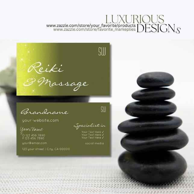 Gult och Oliv grönt Glitter Stars med Monogram Visitkort (Skapare uppladdad)