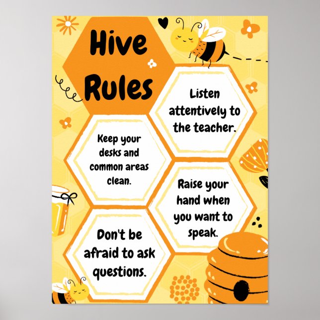 Gult och Orange Bees Classroom Regler Poster (Framsidan)