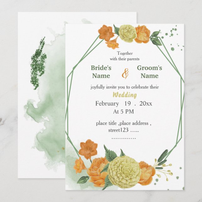 gult och orange blommor, grön geometrisk bröllop inbjudningar (Fram/baksida)