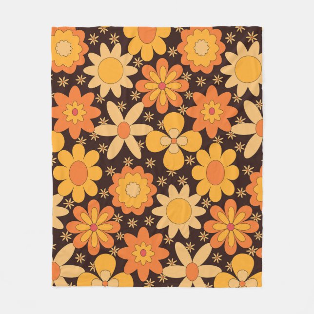 Gult och Orange för Retro Groovy-Blommönster Fleecefilt (Framsidan)