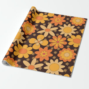 Gult och Orange för Retro Groovy-Blommönster Presentpapper