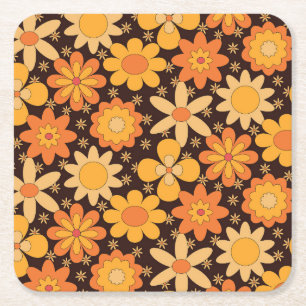 Gult och Orange för Retro Groovy-Blommönster Underlägg Papper Kvadrat