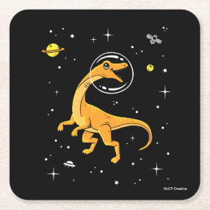 Gult och Orange Velociraptor Dinos in Space Underlägg Papper Kvadrat