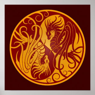 Gult och Röda flygande Yin Yang Dragons Poster