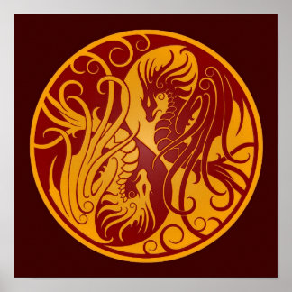 Gult och Röda flygande Yin Yang Dragons Poster