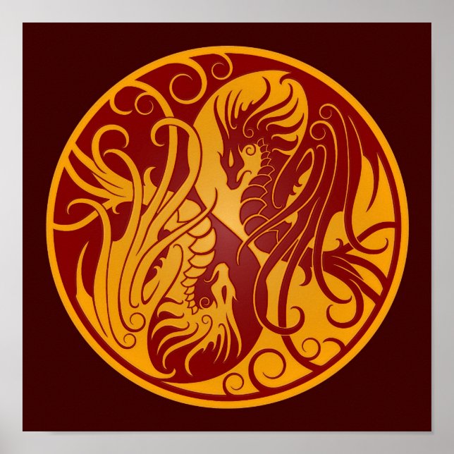 Gult och Röda flygande Yin Yang Dragons Poster (Framsidan)