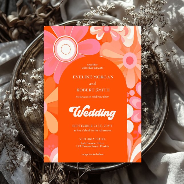 Gult och rosa av orange i Retro-groovy Inbjudningar (Retro groovy orange yellow and pink flowers invitation)