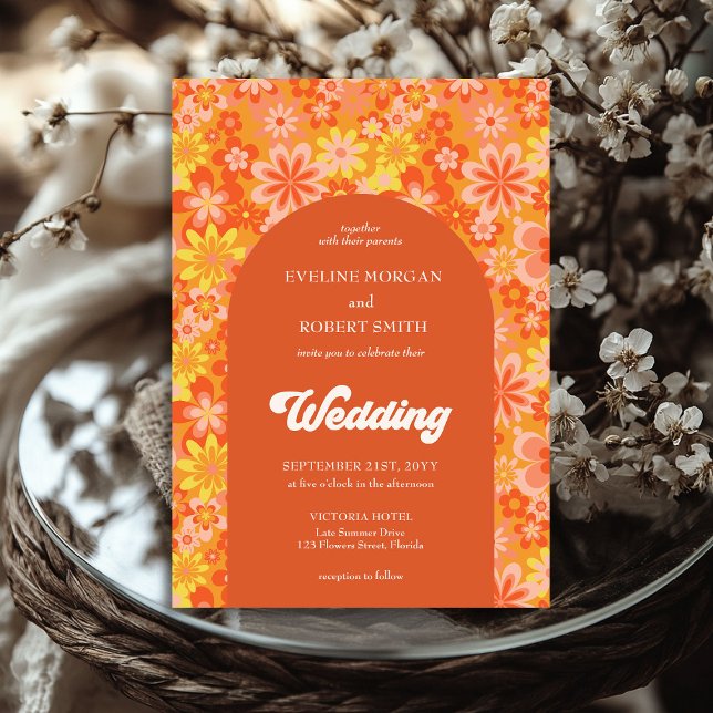 Gult och rosa av orange i Retro-groovy Inbjudningar (Retro groovy vibrant orange yellow and pink flowers invitation)