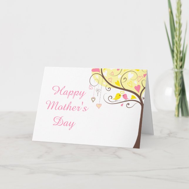 Gult och Rosa Blommigt Bird Mors dag Kort (Framsida)