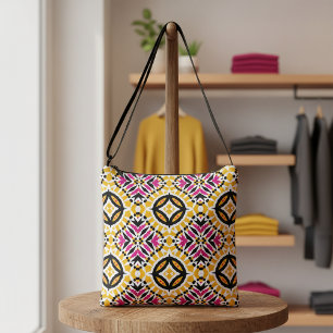 Gult och Rosa Boho Ethnic Geometric Mönster Axelväska