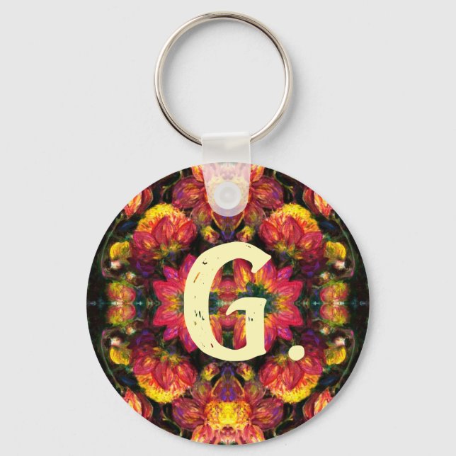 Gult och Rosa Dahlias Keychain med monogram Nyckelring (Framsida)