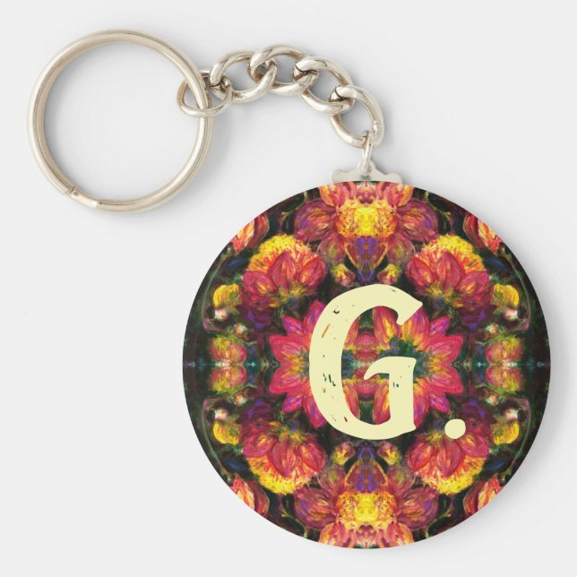 Gult och Rosa Dahlias Keychain med monogram Nyckelring (Framsidan)