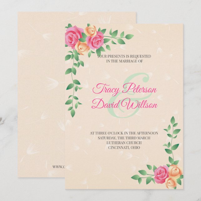 Gult och Rosa Flowers Bröllop Inbjudningar (Fram/baksida)