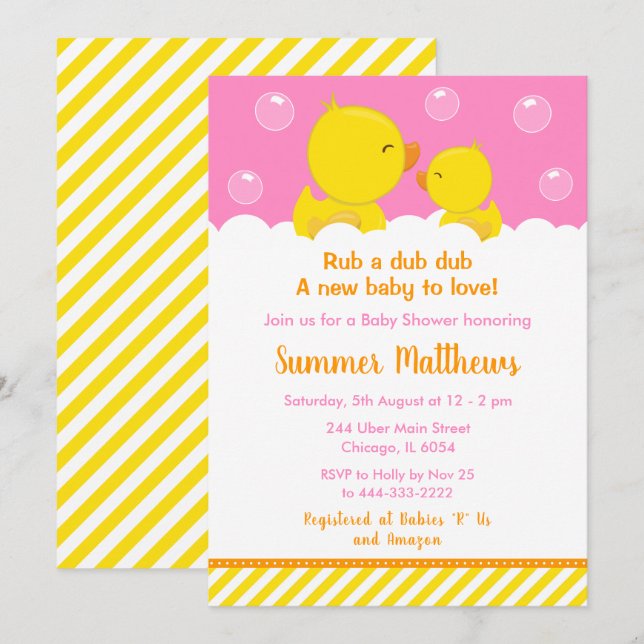 Gult och Rosa för Rubber Ducky Baby Shower Inbjudningar (Fram/baksida)
