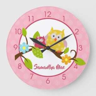 Gult och Rosa Lycklig Uggla Girl Nursery Stor Klocka
