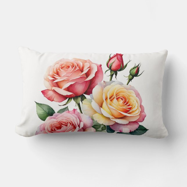 Gult och rosa ros med rosenknoppar lumbarkudde (Framsida)