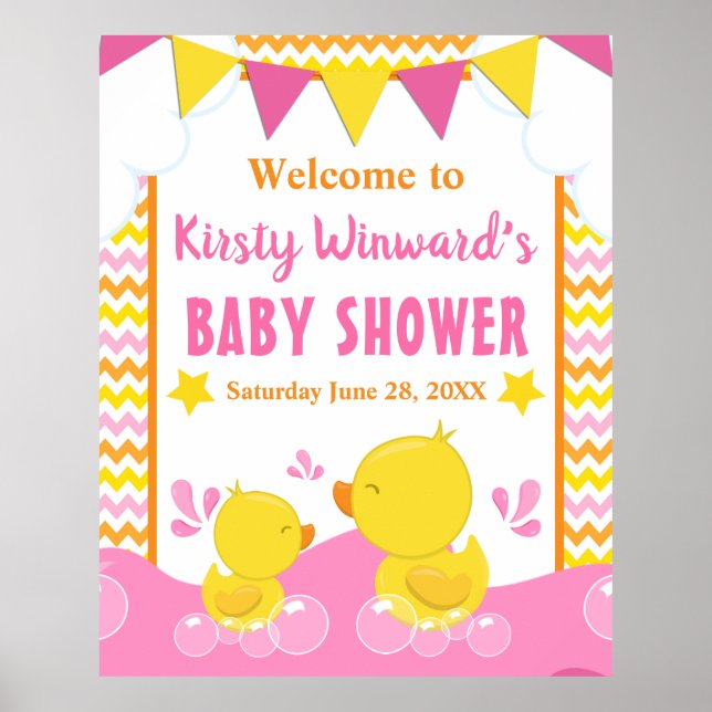 Gult och Rosa Rubber Ducky Polka Dot Baby Shower Poster (Framsidan)