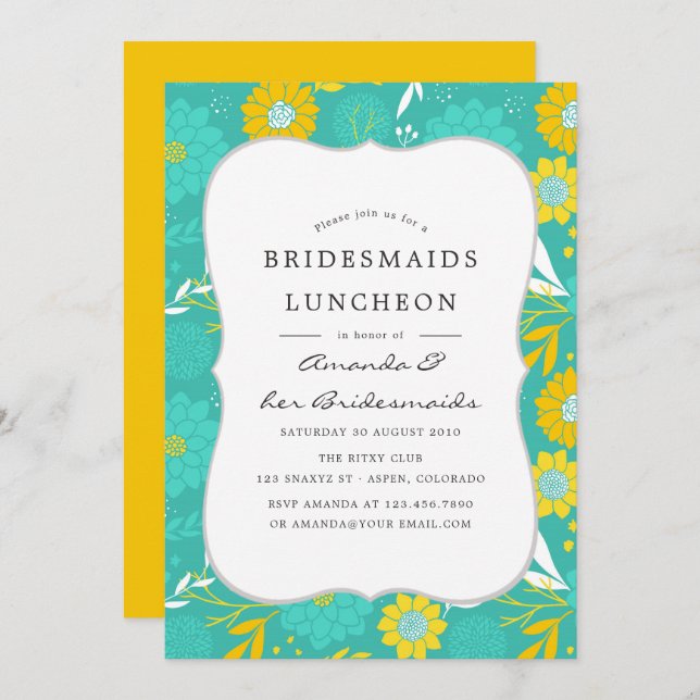 Gult och Teal Blommigt Bridesmaids Luncheon Inbjudningar (Fram/baksida)